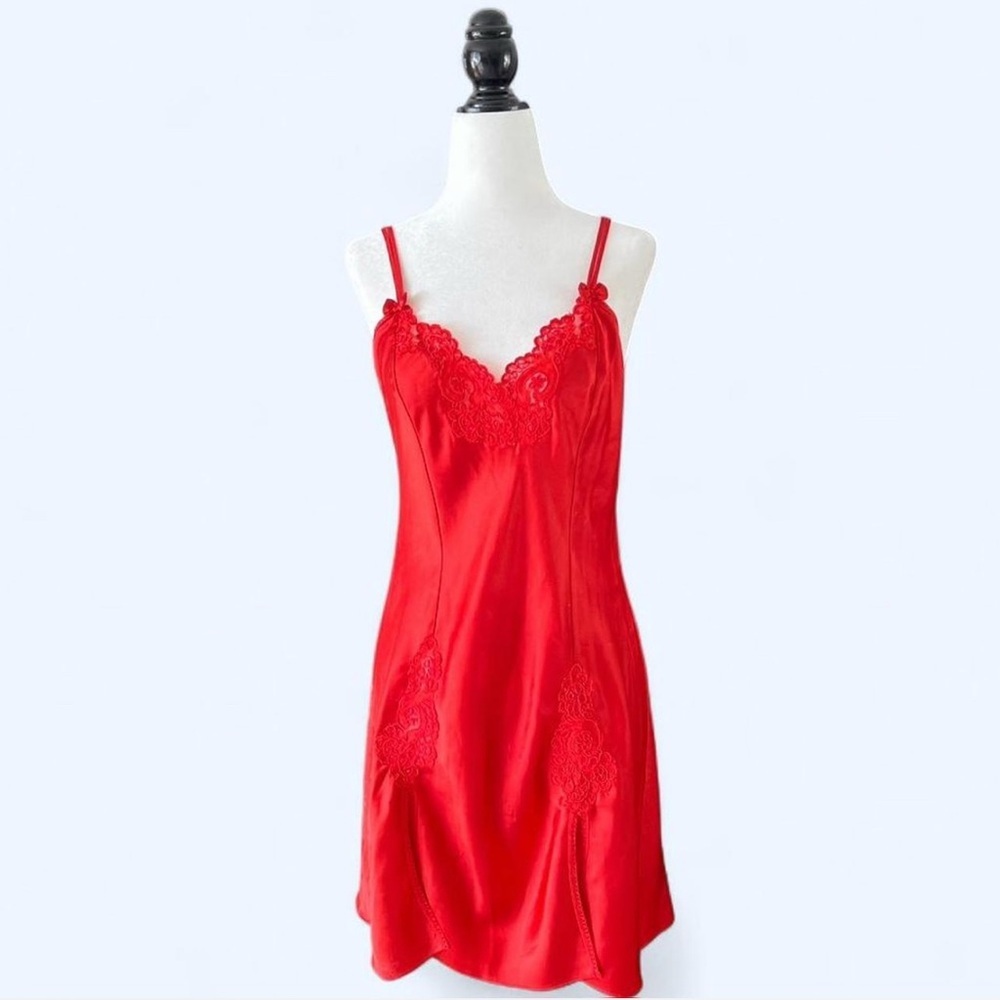 90s Linda La Vie En Rose Red Lace Bow Detail Valentines Day Lingerie Nightgown - Picture 2 of 7